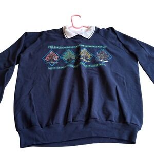 Vintage Navy Blue Tree Graphic Collar Sweatshirt XL Made in USA